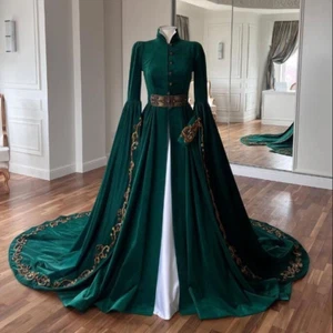 Gothic Wedding Dresses Long Sleeves Sweep train Golden Green Bridal Gowns - Picture 1 of 9