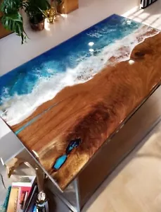60"x30" Ocean Wave Epoxy Resin Dining Table Natural Acacia Wooden Hallway Decors - Picture 1 of 8