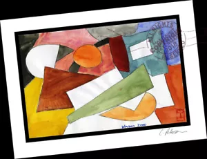 A Table Set with Plates, 2000 ~ Art Print of WATERCOLOR PAINTING Cubist ~ Signed - Picture 1 of 10