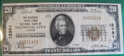 1929 $20 National Stock Yards National Bank of National City Illinois Note S609 - Image 1 of 3