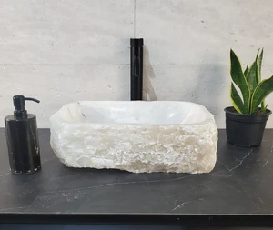 Weiß Onyx Stein Gefäß Badezimmer Waschbecken, 18 x 14 Zoll rustikaler Stein handgefertigtes Waschbecken - Bild 1 von 18