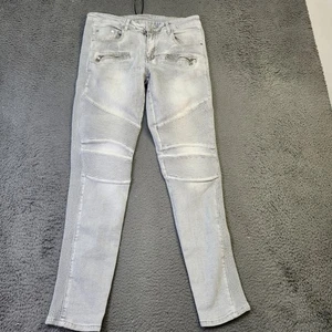 Balmain Jeans Mens 34 Gray Biker Moto Slim Stretch Denim Zipper Pockets Designer - Picture 1 of 11