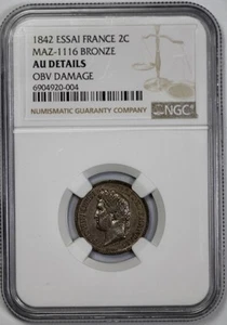 1842 France Essai 2 Centimes MAZ-1116 NGC AU Details Bronze - Picture 1 of 4