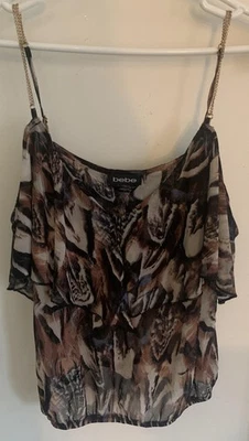 Bebe Blouse Womens Small Brown Black Chain Strap Ruffle Printed 60NXL102T403 - Image 1 of 4