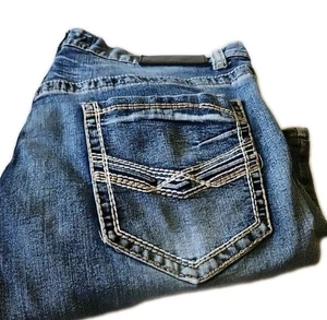 True Luck Mens 36x30 Jeans Stretch Straight Leg Medium Wash Denim Thick Stitch - Picture 1 of 14