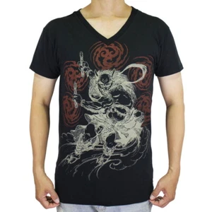 WORK Raijin Fujin Mens Black V-Neck T-Shirt Japan Art Japanese Tattoo WK190 - Picture 1 of 8