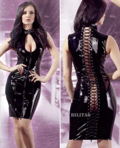 Lack Kleid M-XL schwarz Stehkragen Rückenschnürung Glanz Partykleid "Sahana" - Bild 1 von 7