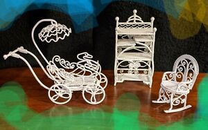 Lot WHITE WIRE Dollhouse Furniture BABY STROLLER, ROCKING CHAIR, SHELVES  NEW!