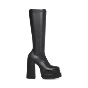 STEVE MADDEN - CYPRESS, Black stretch leather 5.25" heel platform boots, SZ 11 - Picture 1 of 12