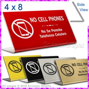 4x8 Engraved Plastic Tabletop Desk Sign - NO CELL PHONES - Eng/Spanish Office C - Picture 1 of 6