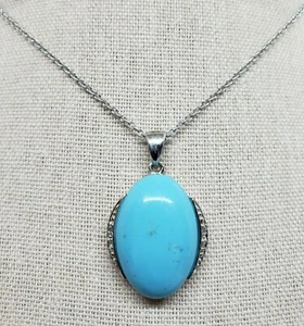 925 Sterling Silver Oval Turquoise Cabochon White Cubic Zirconia Pendant PE1168 - Picture 1 of 3