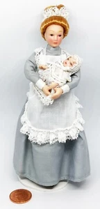 Dolls House Nanny In Grey Holding A  Baby In Blue 1:12 Scale Miniature tumdee - Picture 1 of 2