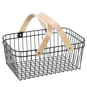 Mesh Wire Storage Basket Birch Wood Handle Kitchen Pantry Fruit Vegies Organsier - Picture 1 of 5