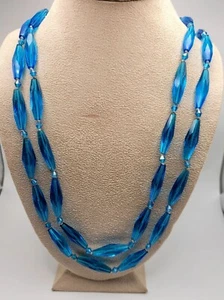 Vintage Flapper Style Cobalt Blue Glass Elongated Bead Necklace 64" Continuous - Picture 1 of 5