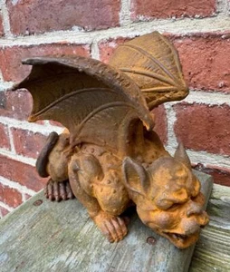 Winged Laying Gargoyle Cast Iron Gothic Sculpture - Indoor / Outdoor - Rusted - Picture 1 of 7