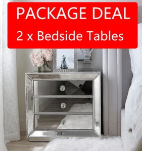2 x SILVER Beaded Mirrored Bedside Tables Nightstand 3 Drawer Mirror Furniture - Picture 1 of 6