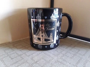 San Francisco Coffee Cup Mug Golden Gate Bridge Ceramic Black & Gold UNUSED 3-30 - Picture 1 of 5