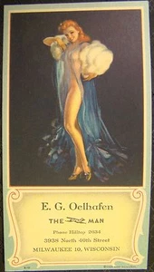 Vintage Original Red Head Sheer Blue Robe Fur Sleeves Pin Up Advertising Blotter - Picture 1 of 7