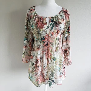 SPENSE Top Blouse Pleated Crinkle Floral Tropical Keyhole Neck 3/4 Sleeve Sz S - Picture 1 of 8