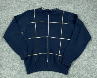 Dad Style Blue Textured Grid Check Sweater Adult Medium Chunky Knit Pullover - Image 1 of 4