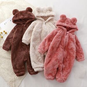 Baby Kids Fluffy Jumpsuit Hooded Fleece Rompers Long Sleeve Zipper Outwear Coat
