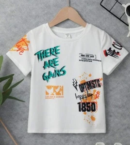 New Boys SHEIN CASUAL White Ink Print Tee Select Size 7 Youth Cool GAINS Good - Picture 1 of 9