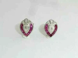 2.50 CT Pear Cut Moissanite & Ruby Women's Stud Earrings 14K White Gold Plated - Picture 1 of 5
