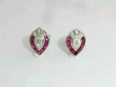 2.50 CT Pear Cut Moissanite & Ruby Women's Stud Earrings 14K White Gold Plated - Image 1 of 4