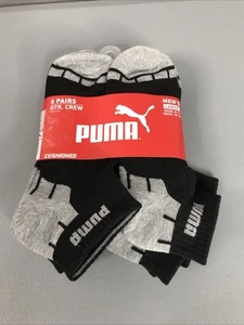 Puma QTR. Crew Cushioned Black/Grey Logo Men’s Socks Large 10-13 Shoe Size 8-12 - Picture 1 of 12
