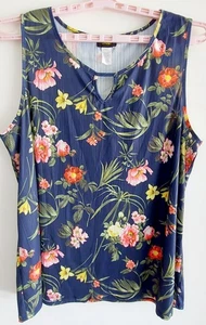 Camicetta pullover donna 3X blu navy senza maniche stampa tropicale - Foto 1 di 8