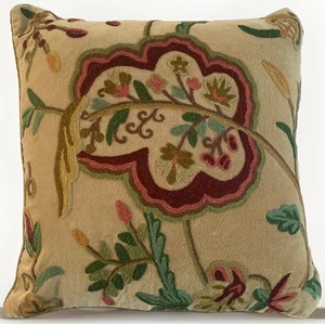 VTG Wool Crewel On Velvet Embroidered Pillow Colorful Jacobean Feather Fill 16” - Picture 1 of 13