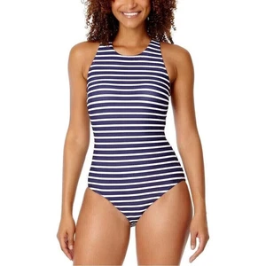 NWT LANDS’ END Medium One-piece Swimsuit Bathing Suit navy white strips UPF 50 - Bild 1 von 6