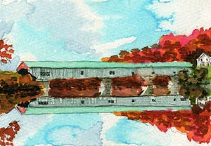 Bath Covered Bridge, NH. Autumn landscape. Peter Mason watercolor art notecards - Picture 1 of 2