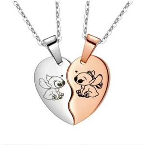 Lilo & Stitch Halskette Edelstahl Herz Anhänger Hals Kette Liebhaber Schmuck Geschenke - Bild 1 von 10