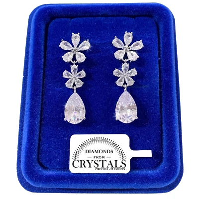 Orecchini Fiori Goccia pl. Oro Bianco 18K con Cristalli Zirconi Argento V01 - Immagine 1 di 4