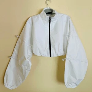 Reebok Cardi B Woven Crop Zip-Up White Bomber Long Sleeve Jacket Women Size XL - Picture 1 of 11