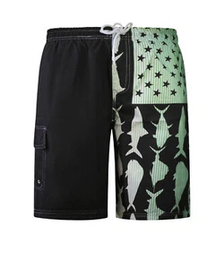 Pantalones cortos de natación de carga con estampado de microfibra de tiburón con bandera americana North 15 para hombre - Imagen 1 de 16