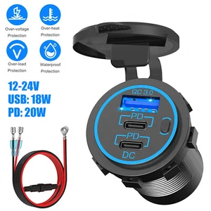 12V-24V USB C Fast Car Charger 3Port PD & QC3.0 Outlet Socket for Boat RV Marine - Zdjęcie 1 z 7
