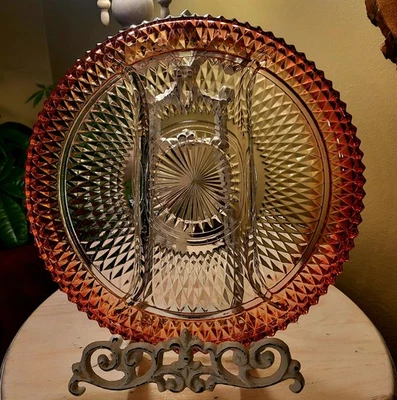 Vtg Indiana Glass Ruby Flash Diamond Point 3 Section Divided Seving Platter 12" - Image 1 of 4