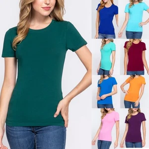 Womens Short Sleeve T-Shirt Crew Neck Stretch Cotton Slim Fit Plain Top - Picture 1 of 66