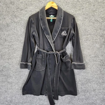 Lauren Ralph Lauren Robe 女式小号黑色棉质腰带浴袍 LRL Monogram — 第 1/4 张图片