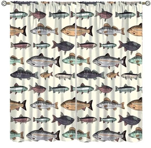 Fish Blackout Curtain Retro Animal Drawing Fishing Window Curtain Cartoon Lak... - Bild 1 von 8