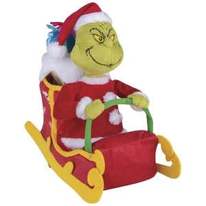 10" Animated Santa Suit Grinch In Sleigh Plush w/ Sound Indoor Christmas Decor - Picture 1 of 6