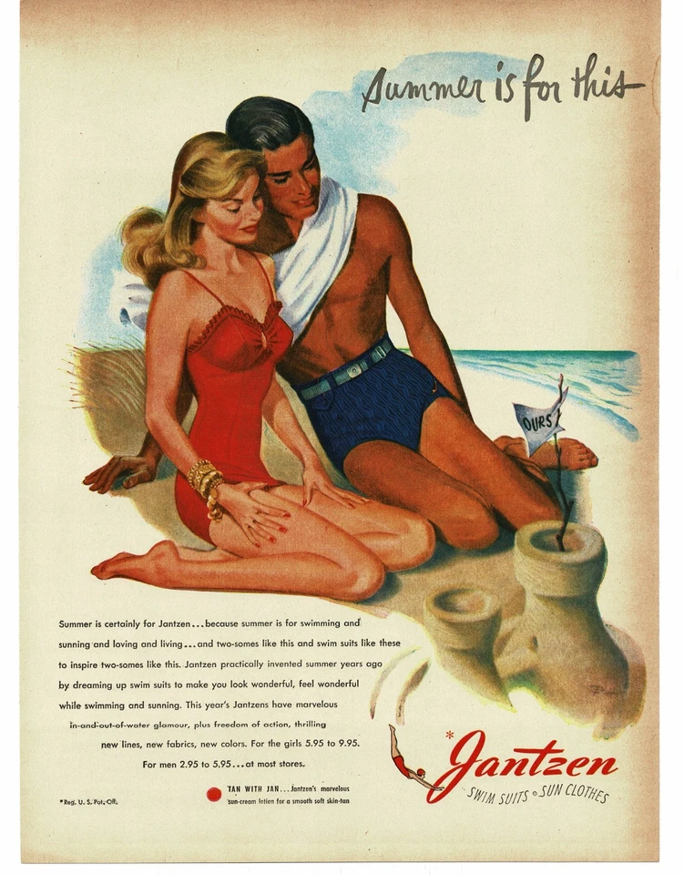 Trajes de baño Jantzen 1946 para hombre y mujer trajes de baño castillo de arena en la playa anuncio impreso Foto 1 de 1