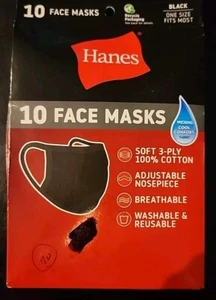 10 Pack - Hanes Black 100% Cotton Face Mask Washable Protective Cover Facemask - Picture 1 of 2