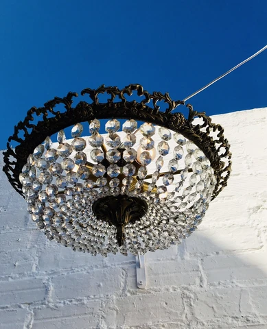 22" Large Antique Bronze Bowl Chandelier, Graduated Crystals, Semi Flush Mount Cover