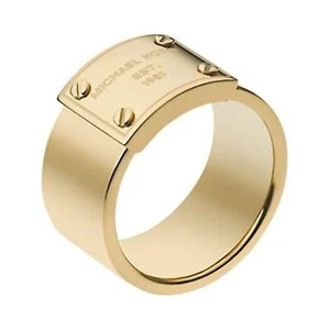 Michael Kors Gold Tone Logo Plate Ring NIB Size 7 - Picture 1 of 7