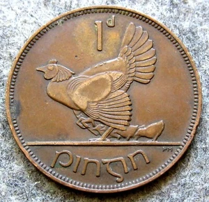 IRELAND FREE STATE 1935 1 PINGIN - ONE PENNY HEN WITH CHICKS & Gaelic Harp km# 3 - Picture 1 of 6