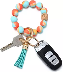 Silicone Key Ring Bracelet Wristlet Beaded Bangle Keychain Elastic Portable Car - Picture 1 of 9