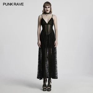 Punk Rave Women Black Gothic Deep V-Neck Sexy Perspective Long Lace Dress - Picture 1 of 17